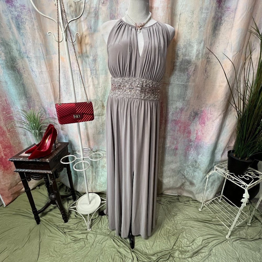 📌R & M Richards Taupe  Keyhole Beaded Waistline Bridesmaid- Prom - Formal Dress